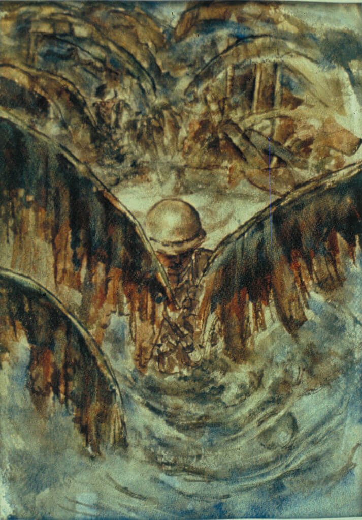Watercolor painting of a soldier in a jungle river