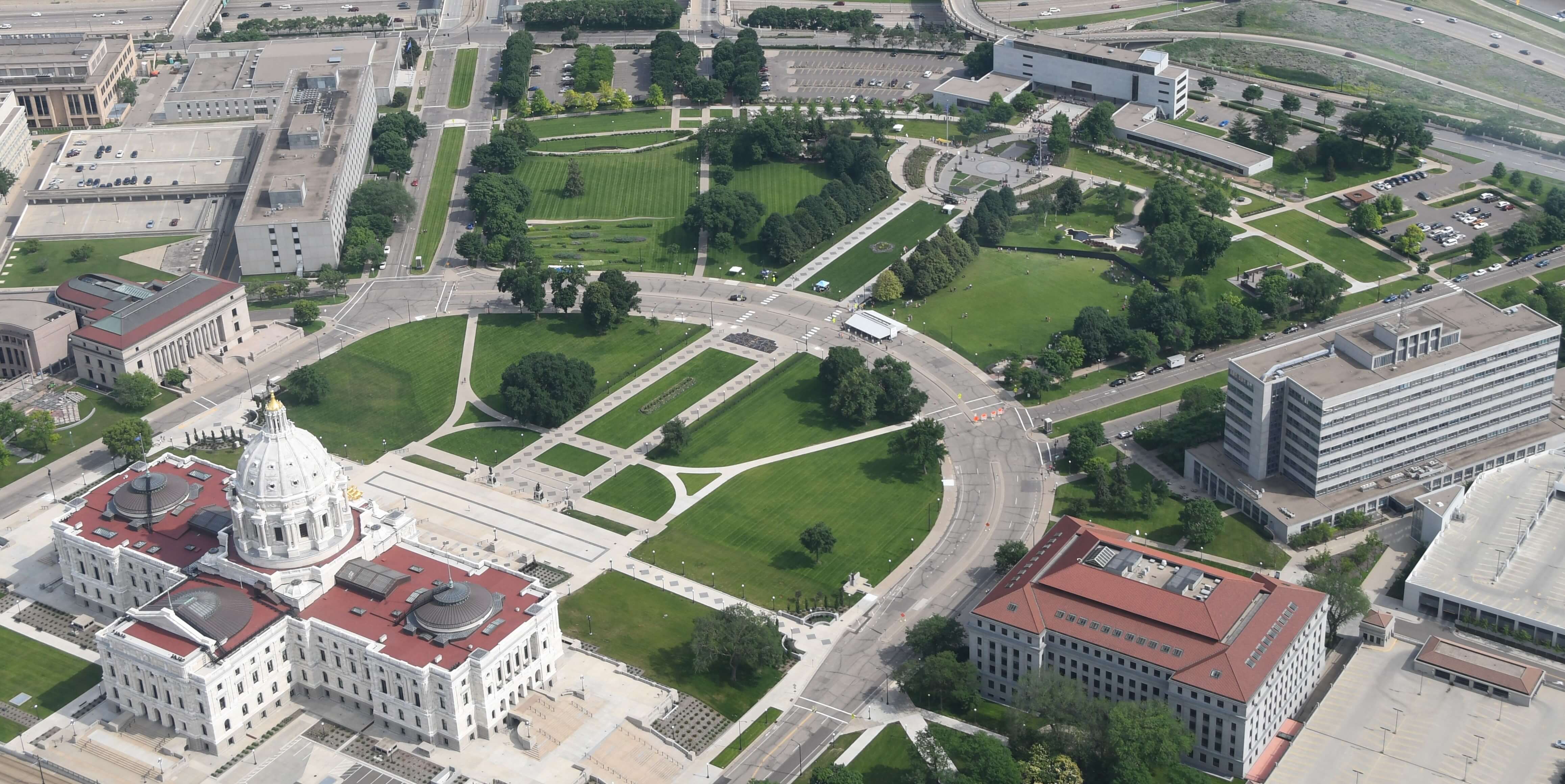 Aerial view of the Minnesota State Capitol and Wall That Heals