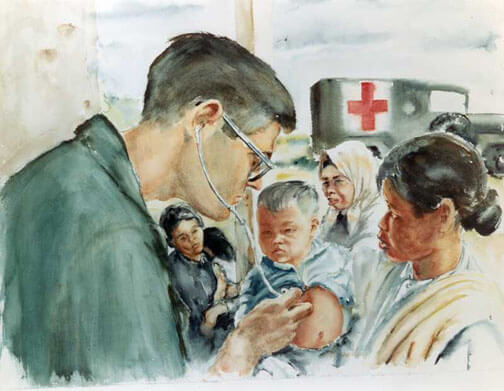 Painting of a doctor examining child during the Vietnam War