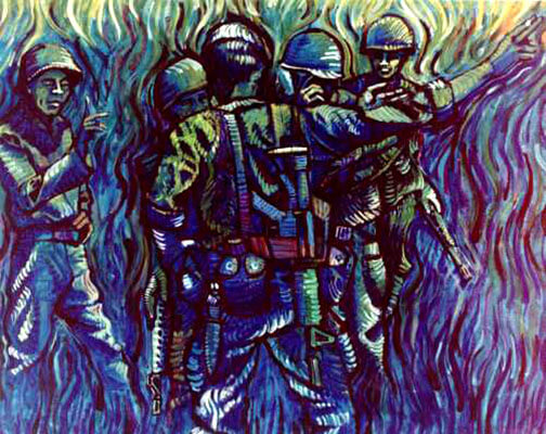Purple abstract painting of soldiers in the field