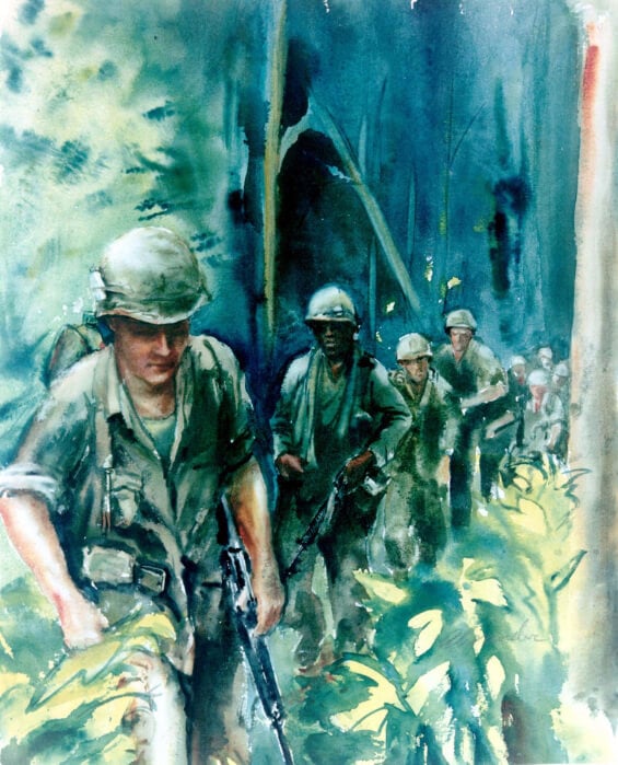 Watercolor painting of soldiers walking through jungle