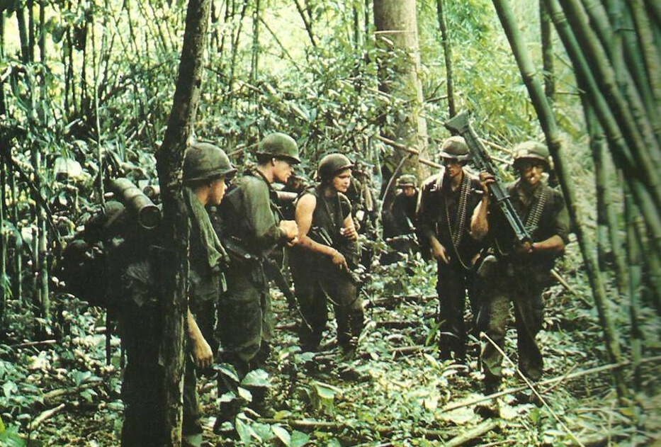 Soldiers in a dense jungle